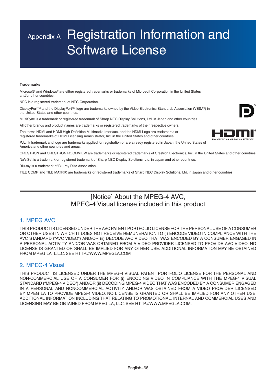 Registration information and software license, Appendix a, Mpeg avc | Mpeg-4 visual | NEC M Series 32" Commercial PCAP Touchscreen Display User Manual | Page 72 / 90