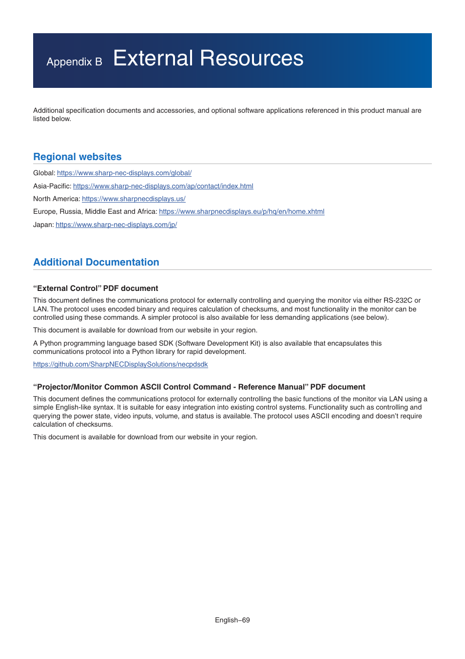 External resources, Appendix b, Regional websites | Additional documentation | NEC M Series 32" Commercial PCAP Touchscreen Display User Manual | Page 73 / 90