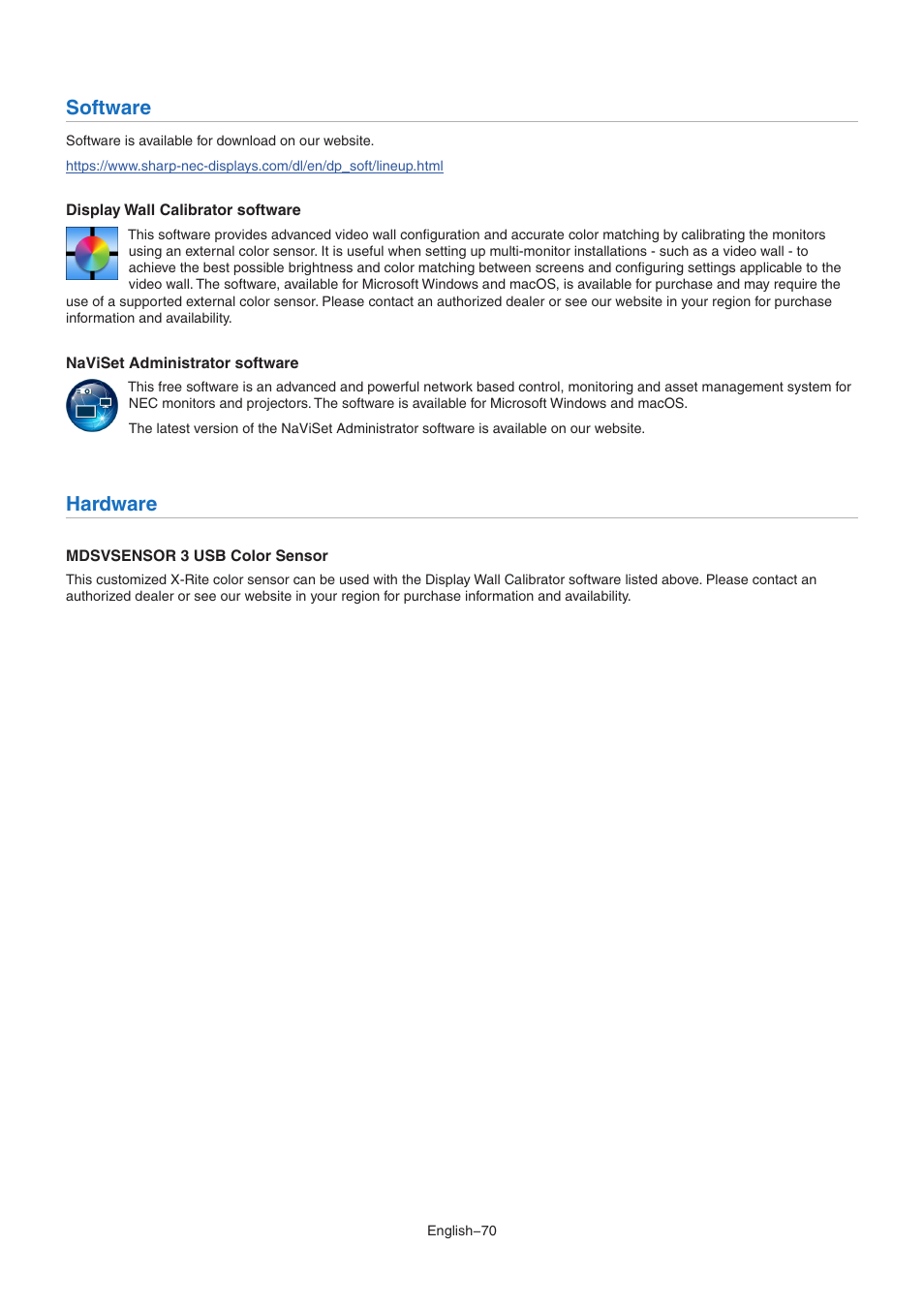 Software, Hardware | NEC M Series 32" Commercial PCAP Touchscreen Display User Manual | Page 74 / 90