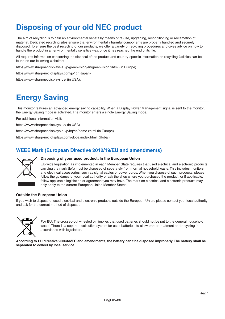 Disposing of your old nec product, Energy saving | NEC M Series 32" Commercial PCAP Touchscreen Display User Manual | Page 90 / 90