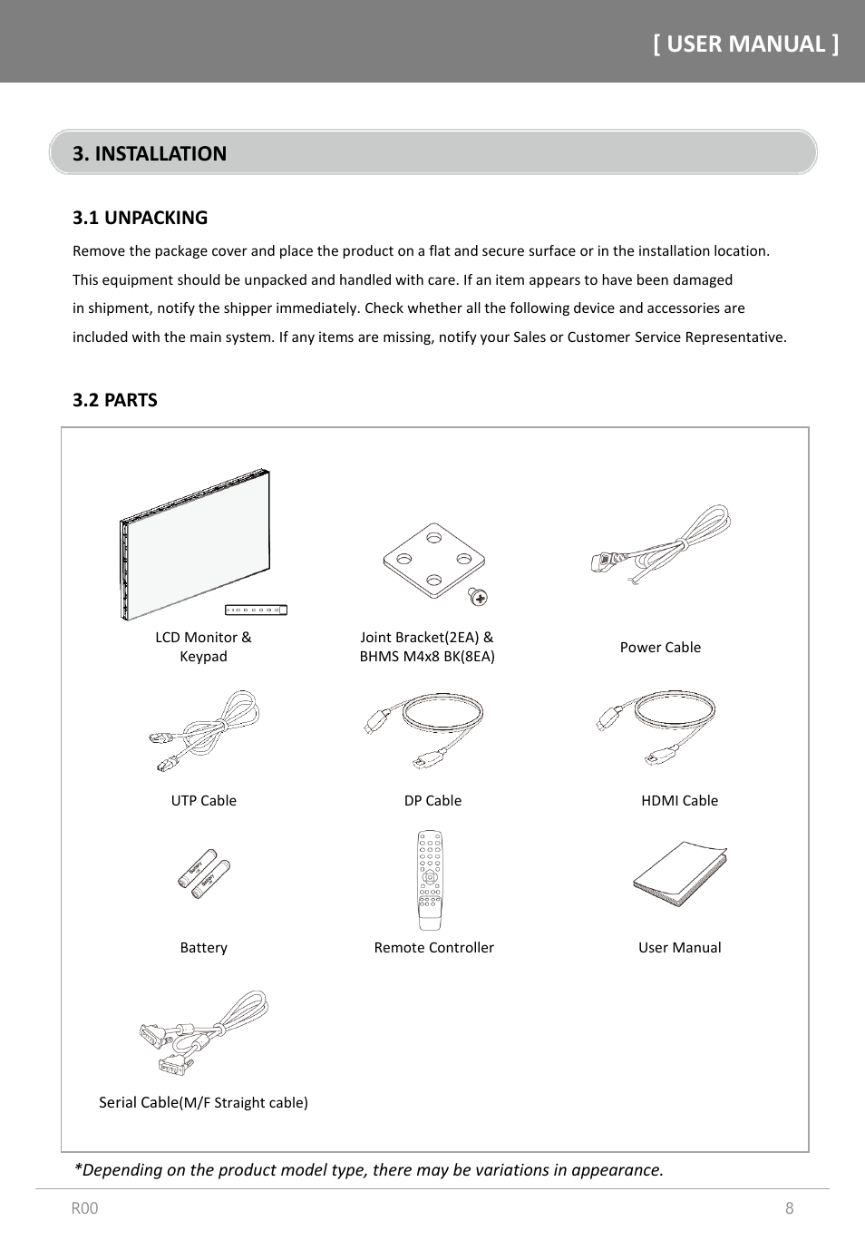 User manual, Installation, 1 unpacking | 2 parts | Orion Images R4N49NNU 48.5" 4K UHD Video Wall Display User Manual | Page 8 / 35