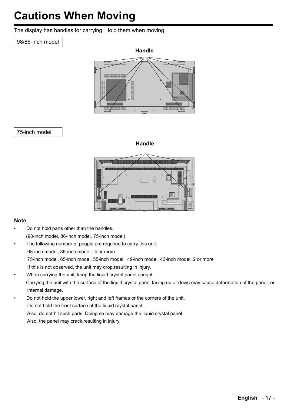 Cautions when moving | Panasonic TH-86CQE1W 86" Class 4K UHD Commercial Monitor User Manual | Page 18 / 31