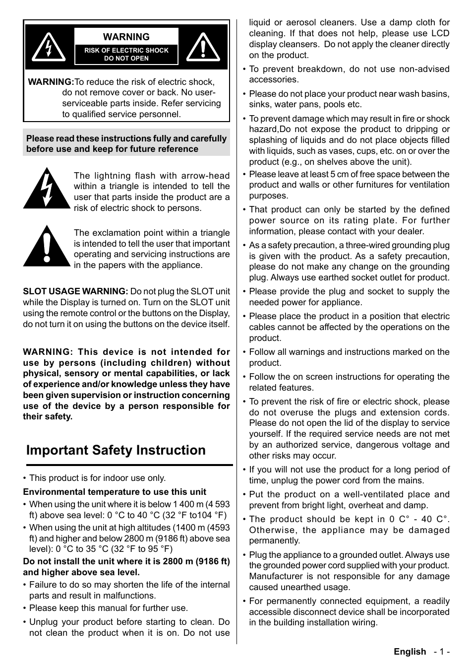 Important safety instruction | Panasonic TH-86CQE1W 86" Class 4K UHD Commercial Monitor User Manual | Page 2 / 31