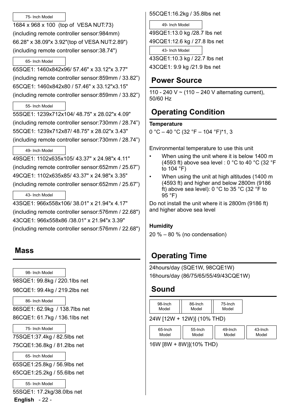 Mass, Power source, Operating condition | Operating time, Sound | Panasonic TH-86CQE1W 86" Class 4K UHD Commercial Monitor User Manual | Page 23 / 31