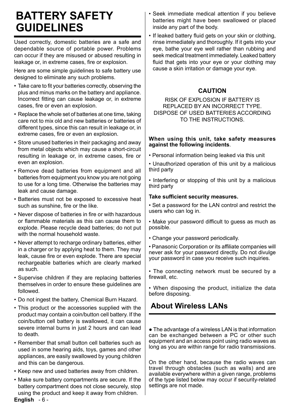 Battery safety guidelines, About wireless lans | Panasonic TH-86CQE1W 86" Class 4K UHD Commercial Monitor User Manual | Page 7 / 31