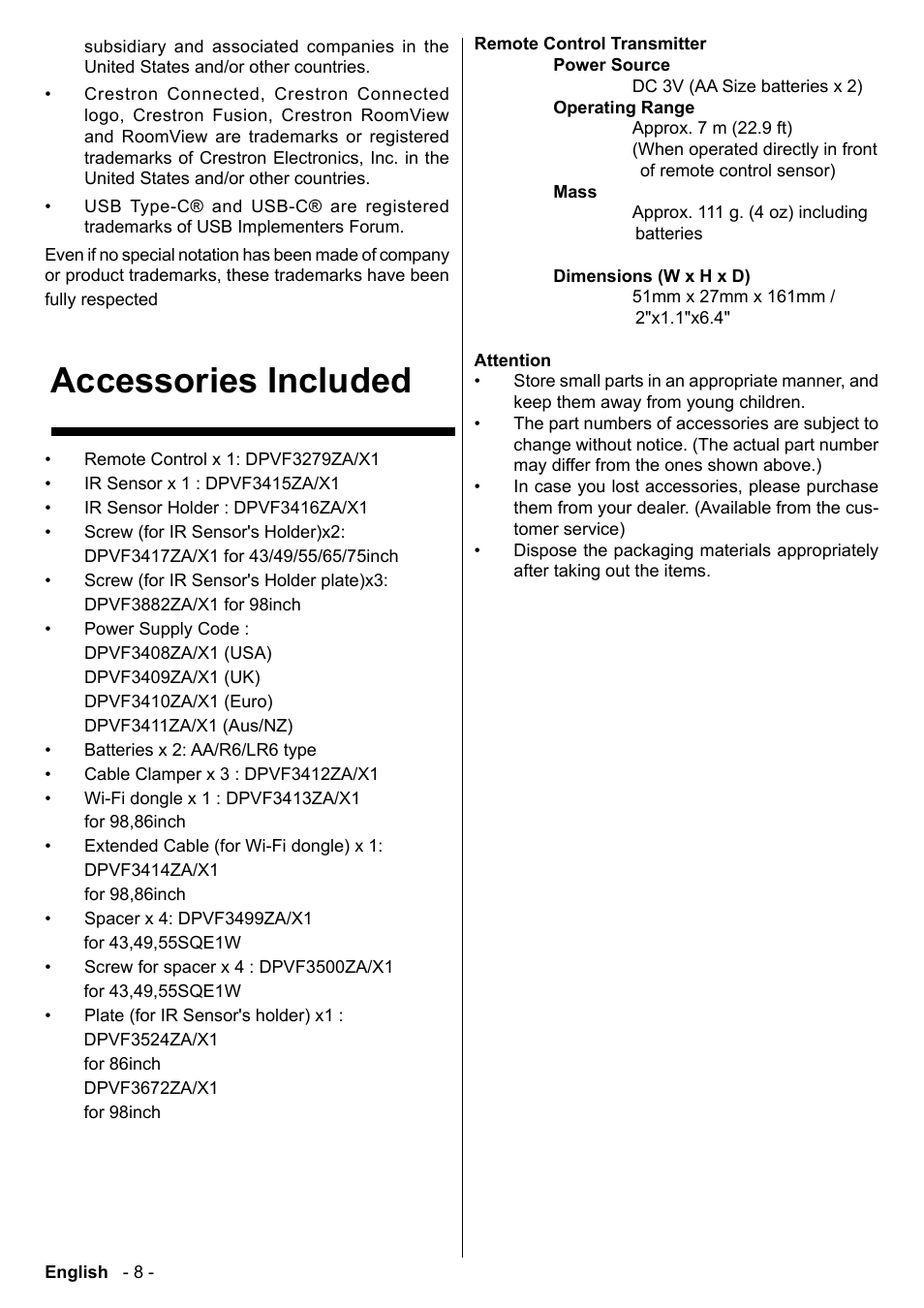 Accessories included | Panasonic TH-86CQE1W 86" Class 4K UHD Commercial Monitor User Manual | Page 9 / 31