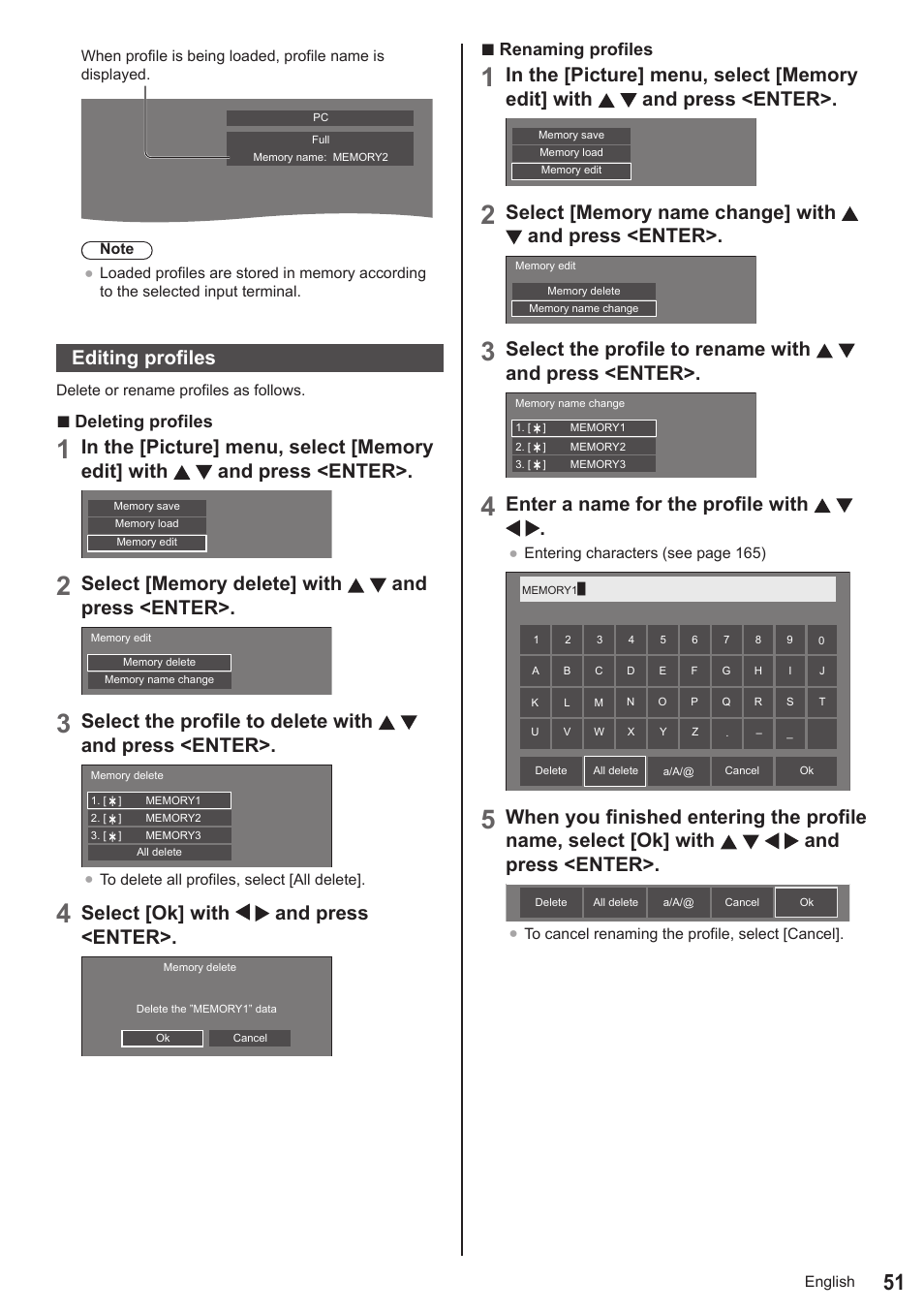Editing profiles, Select the profile to delete with and press <enter, Select [ok] with and press <enter | Select the profile to rename with and press <enter, Enter a name for the profile with | Panasonic TH-86EQ2W 85.6" 4K Digital Signage Display User Manual | Page 51 / 178