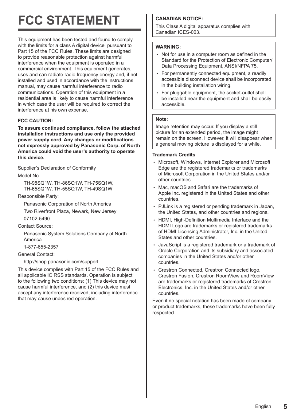 Fcc statement | Panasonic TH-65SQ1WA 65" Class 4K HDR Commercial Monitor User Manual | Page 5 / 150