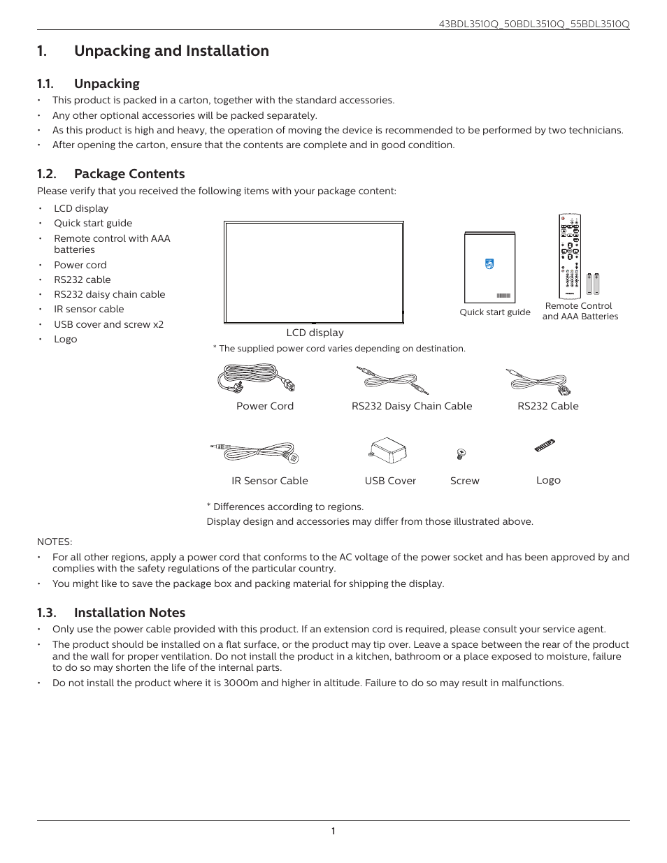 Unpacking and installation, Unpacking, Package contents | Installation notes | Philips Q-Line 55BDL3510Q 55" 4K IPS Digital Signage Display User Manual | Page 12 / 41