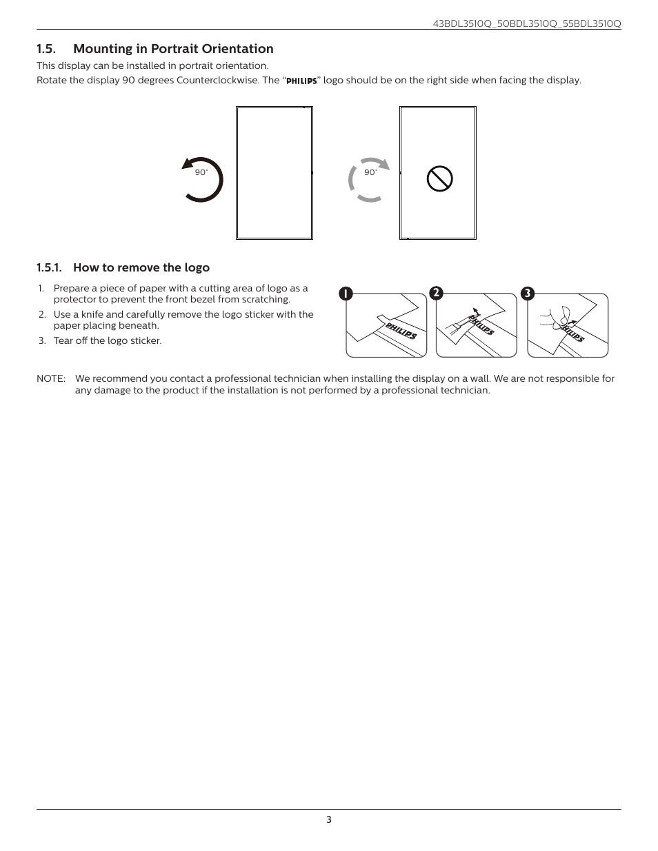 Mounting in portrait orientation, How to remove the logo | Philips Q-Line 55BDL3510Q 55" 4K IPS Digital Signage Display User Manual | Page 14 / 41