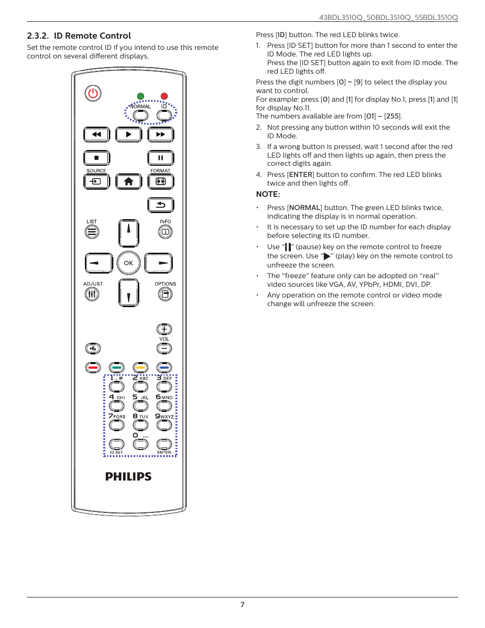 Id remote control | Philips Q-Line 55BDL3510Q 55" 4K IPS Digital Signage Display User Manual | Page 18 / 41