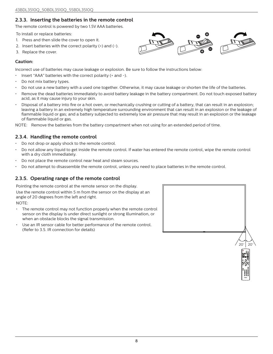 Inserting the batteries in the remote control, Handling the remote control, Operating range of the remote control | Inserting the batteries in the remote, Control | Philips Q-Line 55BDL3510Q 55" 4K IPS Digital Signage Display User Manual | Page 19 / 41