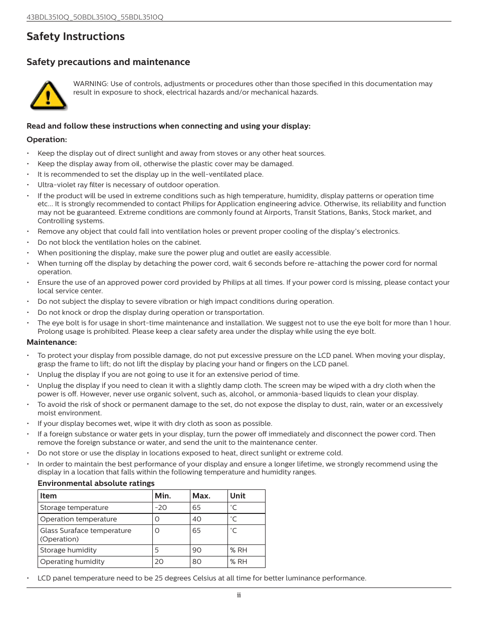 Safety instructions, Safety precautions and maintenance | Philips Q-Line 55BDL3510Q 55" 4K IPS Digital Signage Display User Manual | Page 2 / 41