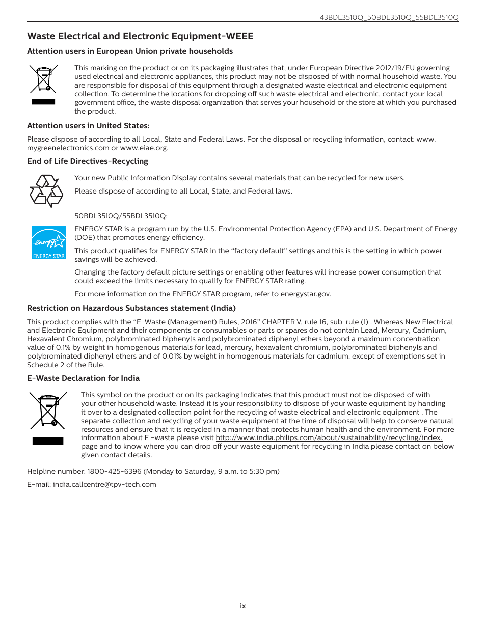 Waste electrical and electronic equipment-weee | Philips Q-Line 55BDL3510Q 55" 4K IPS Digital Signage Display User Manual | Page 9 / 41