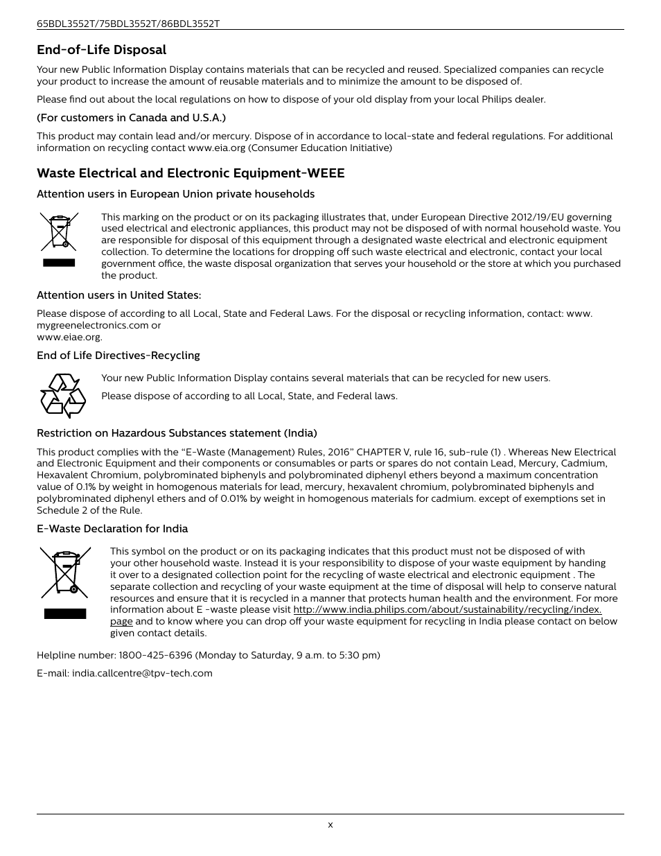 Philips T-Line 65BDL3552T 65" 4K Digital Signage Touchscreen Display User Manual | Page 10 / 63