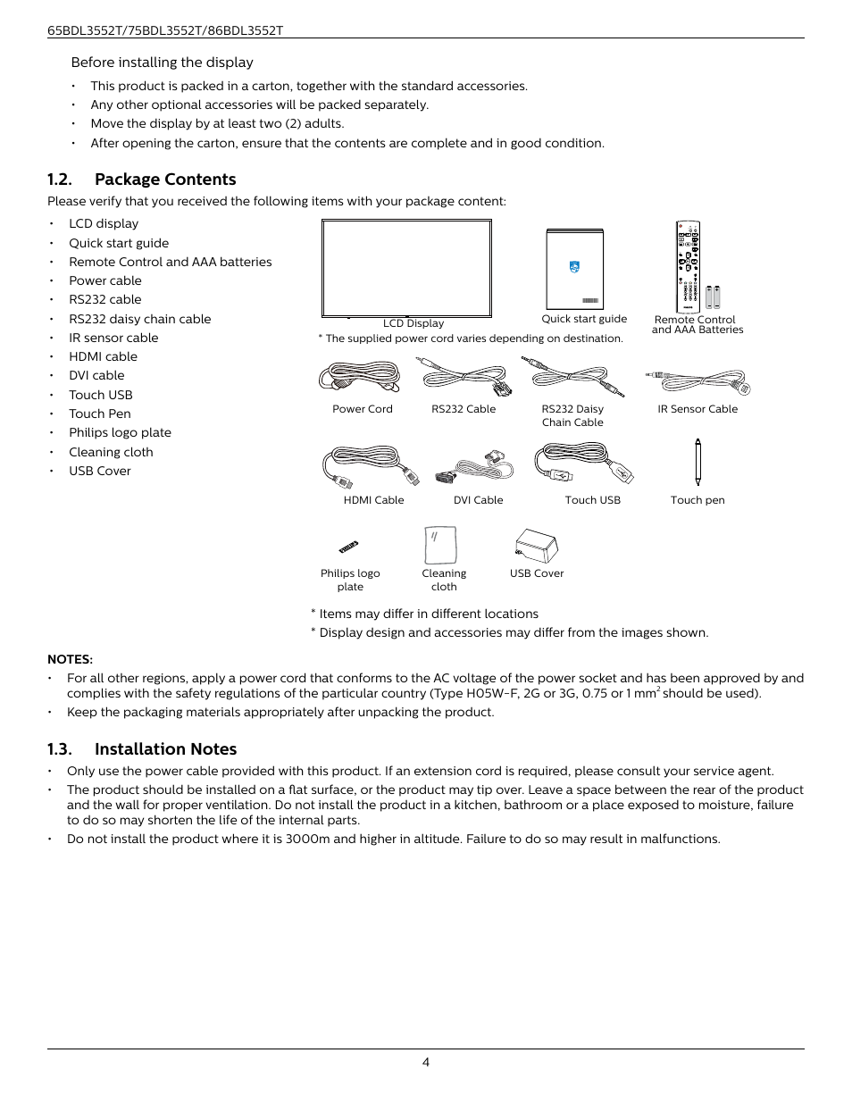 Package contents, Installation notes, Package contents 1.3. installation notes | Before installing the display | Philips T-Line 65BDL3552T 65" 4K Digital Signage Touchscreen Display User Manual | Page 16 / 63