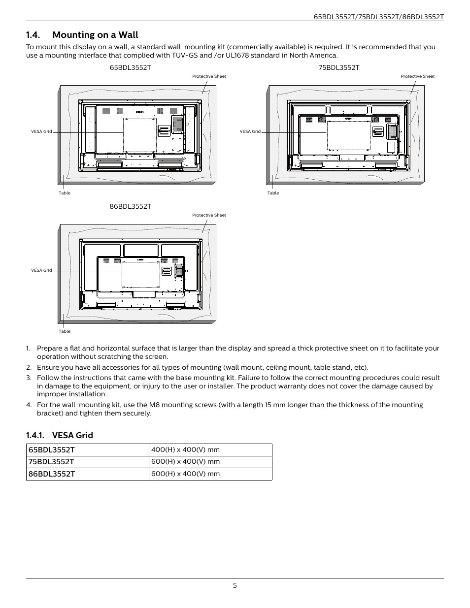 Mounting on a wall, Vesa grid | Philips T-Line 65BDL3552T 65" 4K Digital Signage Touchscreen Display User Manual | Page 17 / 63