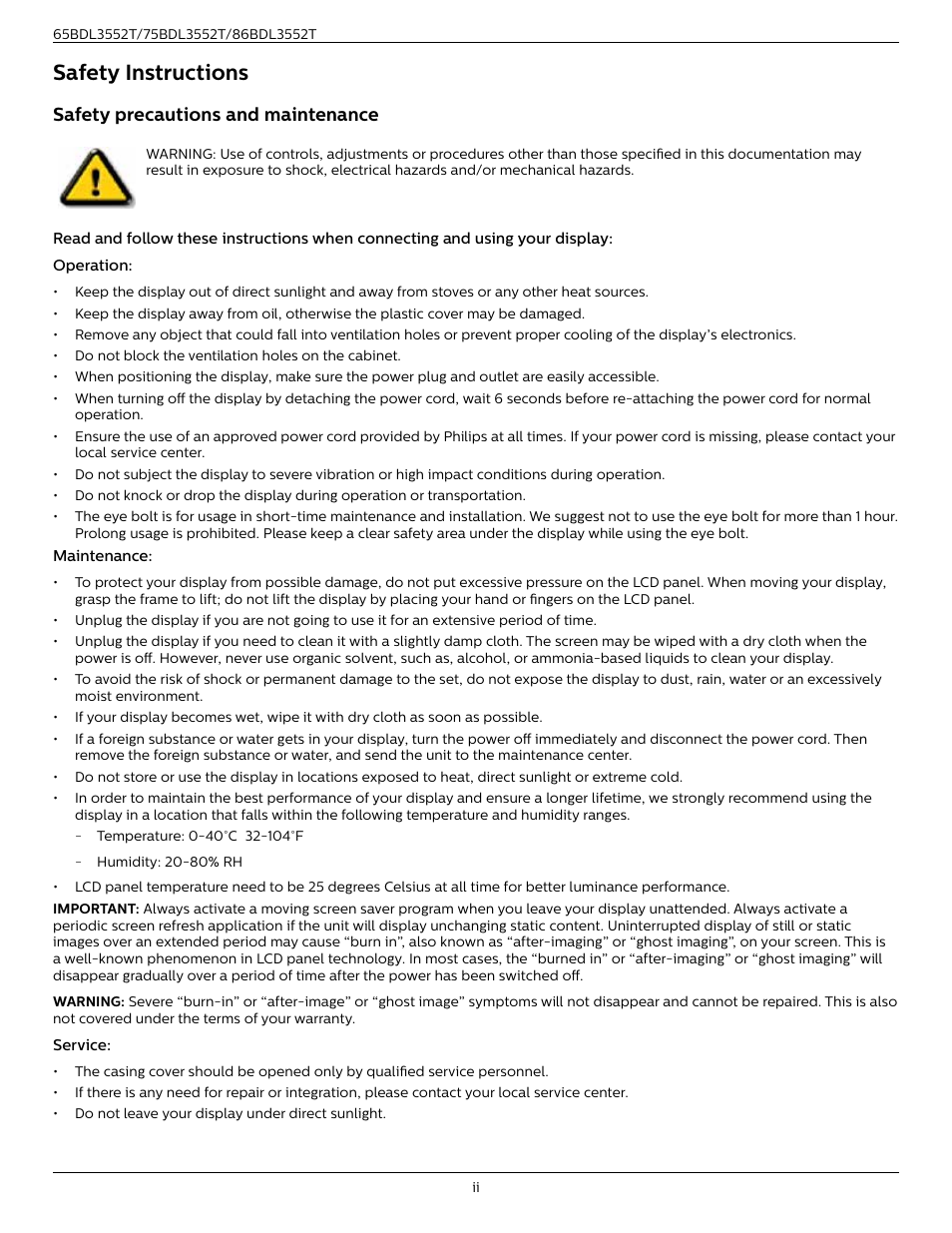 Safety instructions, Safety precautions and maintenance | Philips T-Line 65BDL3552T 65" 4K Digital Signage Touchscreen Display User Manual | Page 2 / 63