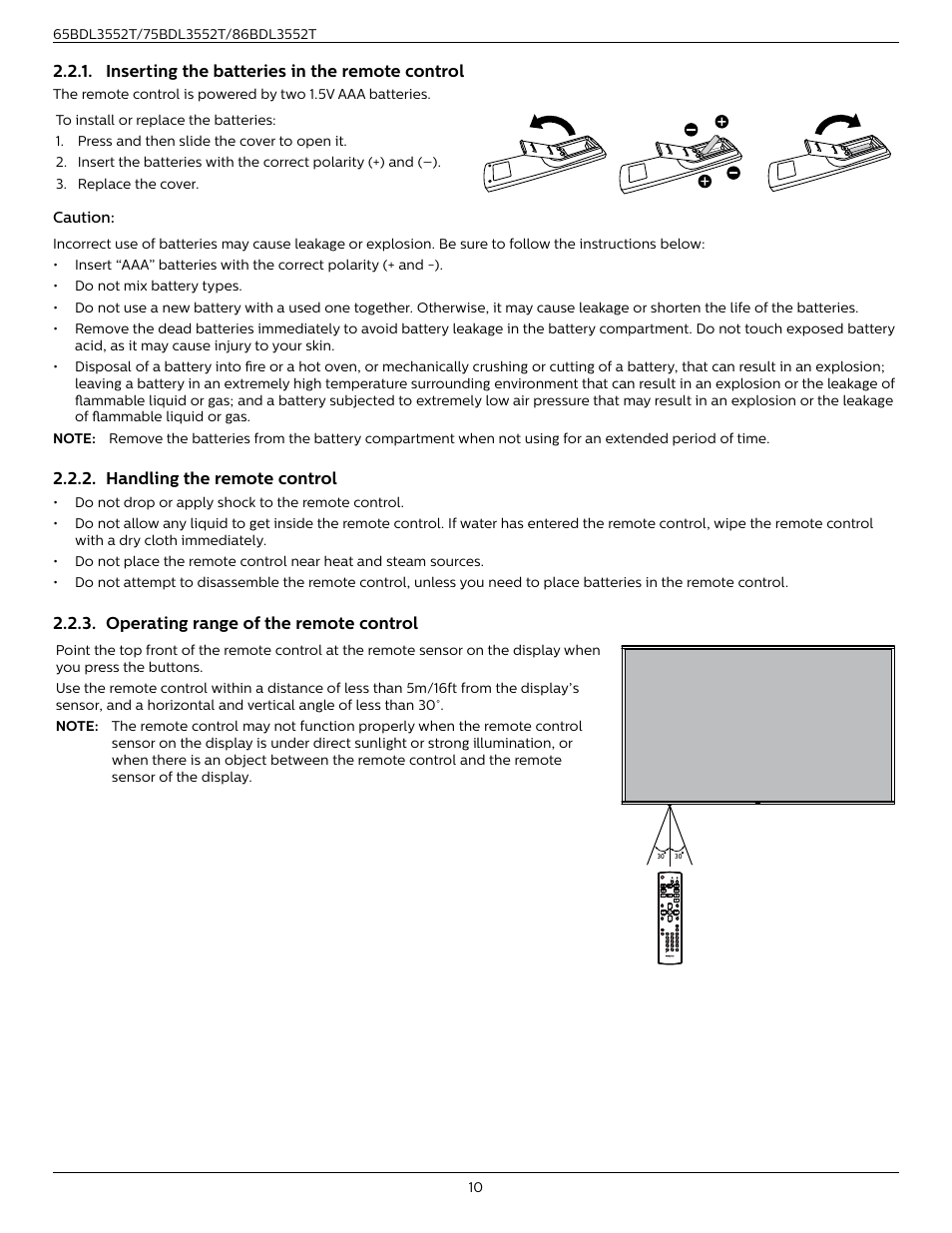 Inserting the batteries in the remote control, Handling the remote control, Operating range of the remote control | Inserting the batteries in the remote, Control | Philips T-Line 65BDL3552T 65" 4K Digital Signage Touchscreen Display User Manual | Page 22 / 63