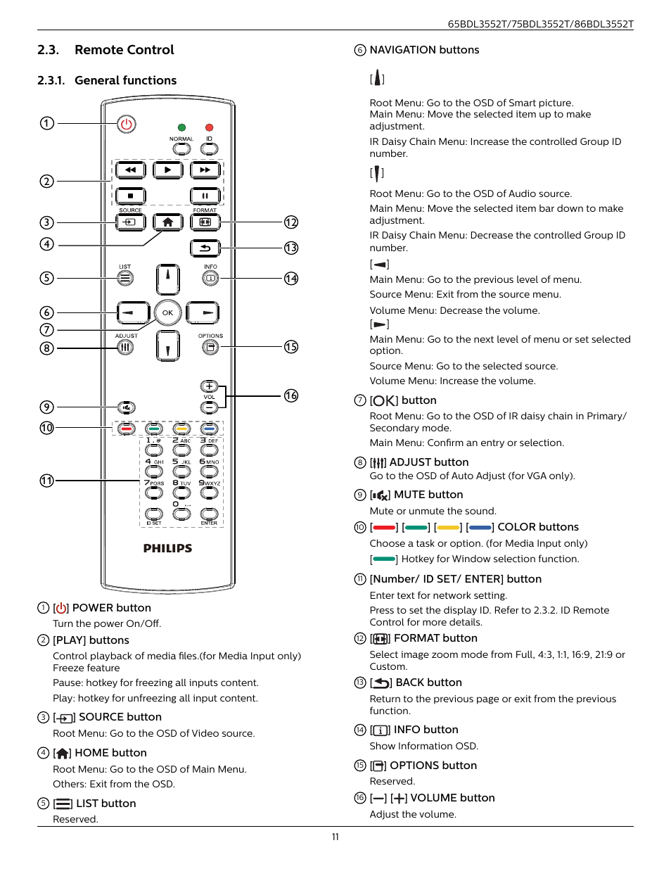Remote control, General functions | Philips T-Line 65BDL3552T 65" 4K Digital Signage Touchscreen Display User Manual | Page 23 / 63