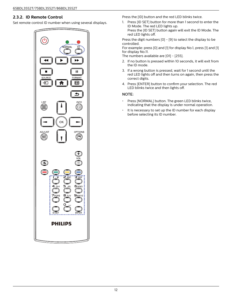 Id remote control | Philips T-Line 65BDL3552T 65" 4K Digital Signage Touchscreen Display User Manual | Page 24 / 63