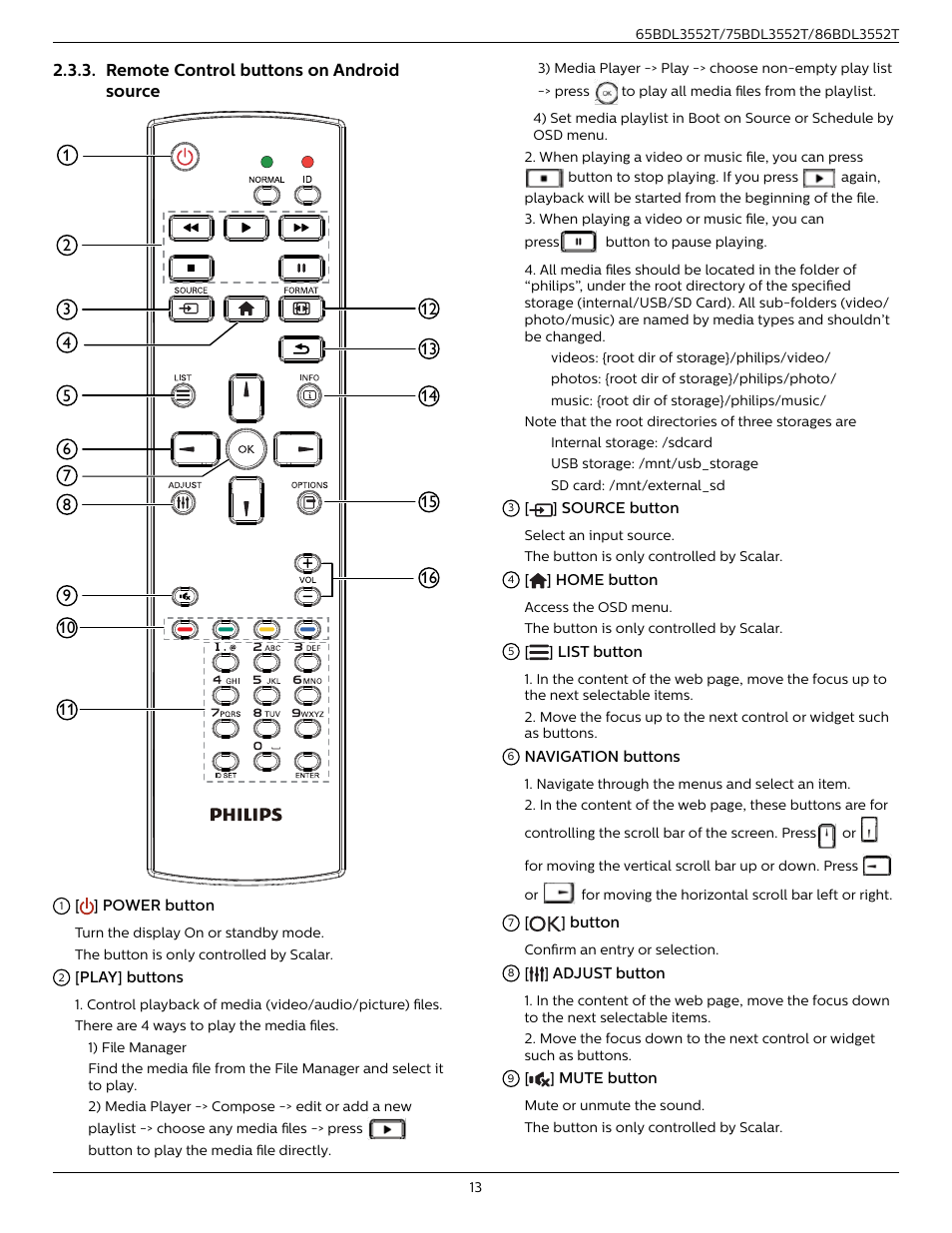 Remote control buttons on android source, Remote control buttons on android, Source | Philips T-Line 65BDL3552T 65" 4K Digital Signage Touchscreen Display User Manual | Page 25 / 63