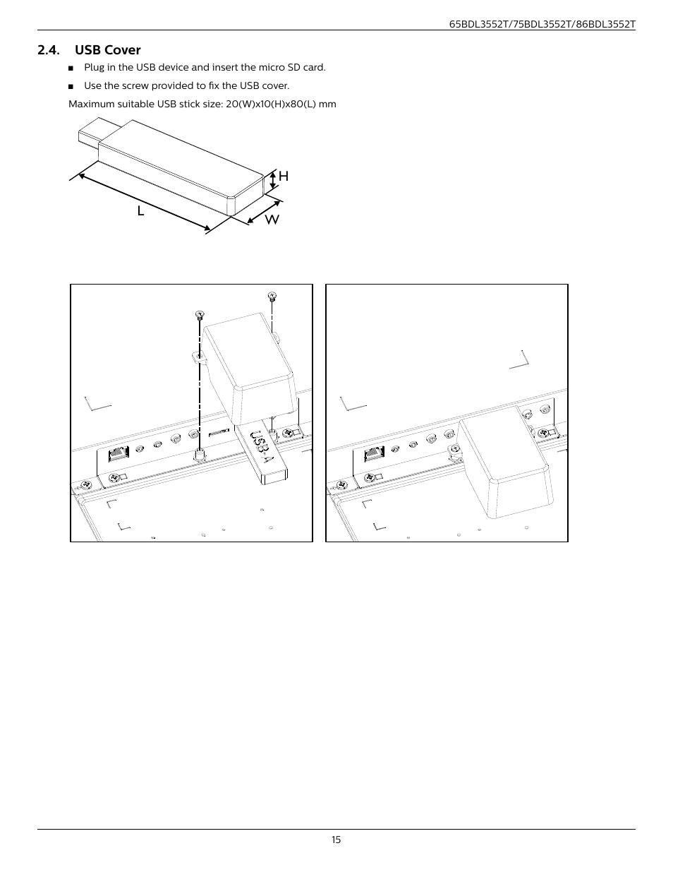 Usb cover, Lh w | Philips T-Line 65BDL3552T 65" 4K Digital Signage Touchscreen Display User Manual | Page 27 / 63