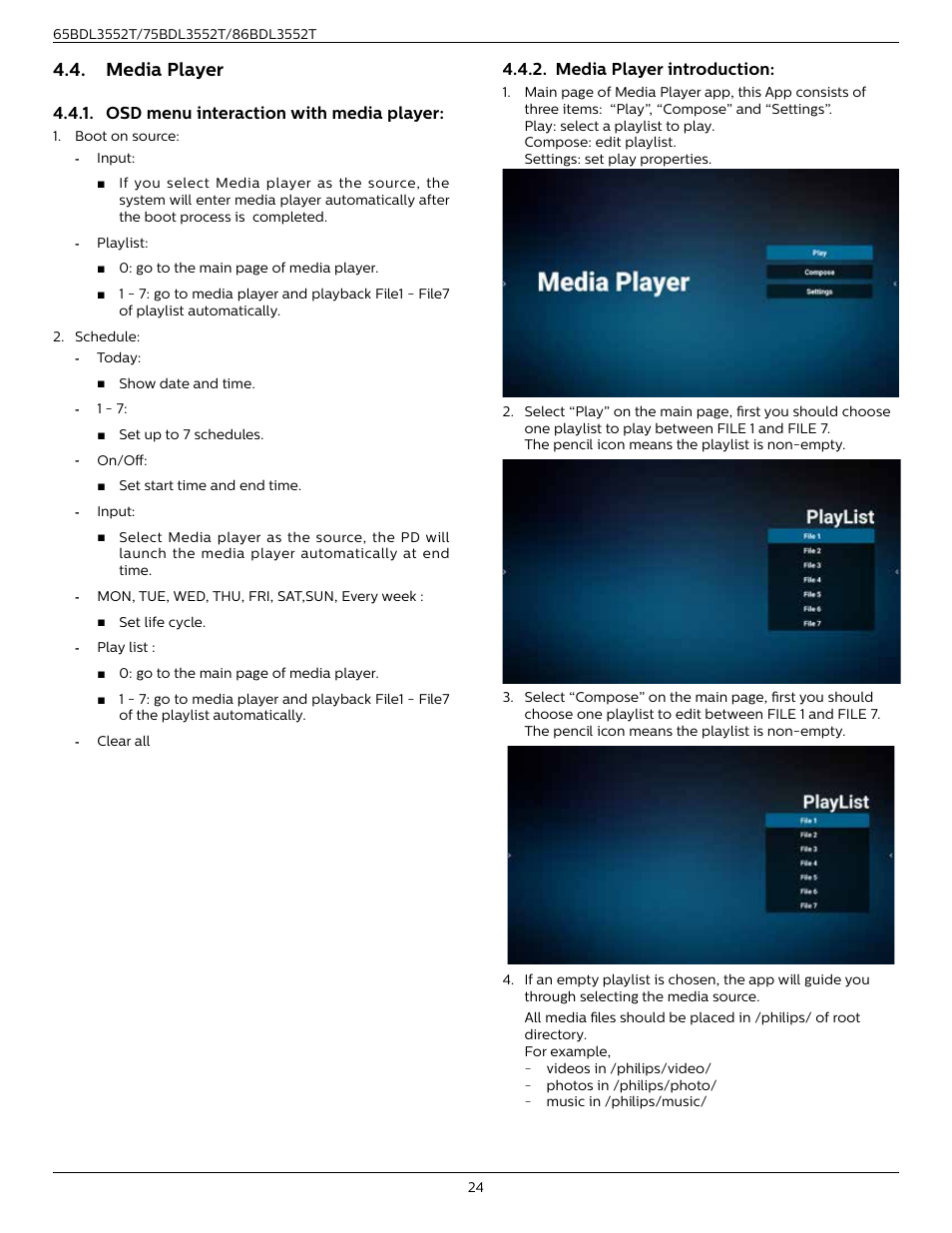 Media player, Osd menu interaction with media player, Media player introduction | Osd menu interaction with media, Player | Philips T-Line 65BDL3552T 65" 4K Digital Signage Touchscreen Display User Manual | Page 36 / 63