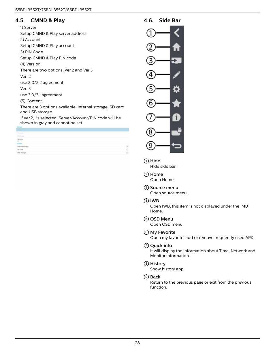Cmnd & play, Side bar, Cmnd & play 4.6. side bar | Philips T-Line 65BDL3552T 65" 4K Digital Signage Touchscreen Display User Manual | Page 40 / 63