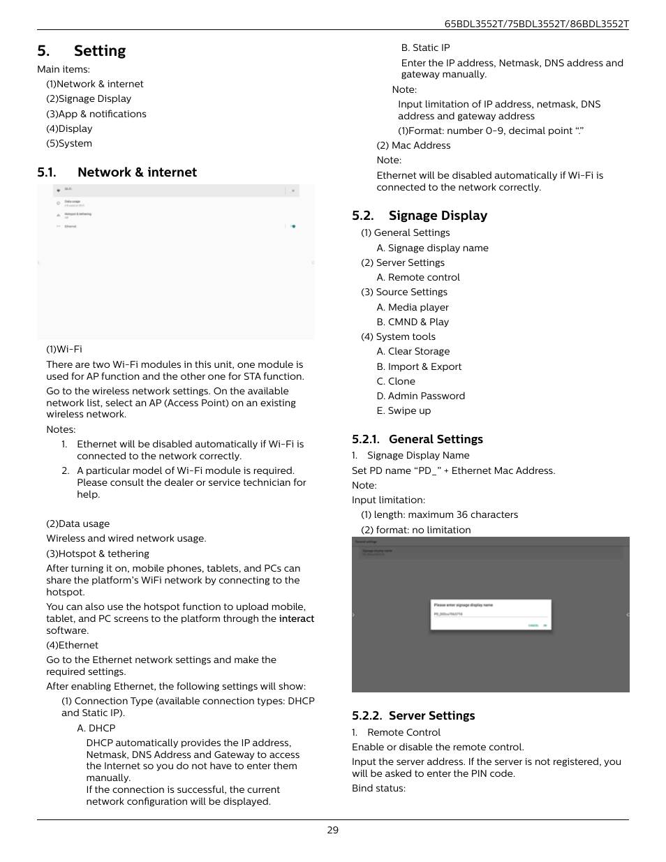 Setting, Network & internet, Signage display | General settings, Server settings, General settings 5.2.2. server settings | Philips T-Line 65BDL3552T 65" 4K Digital Signage Touchscreen Display User Manual | Page 41 / 63