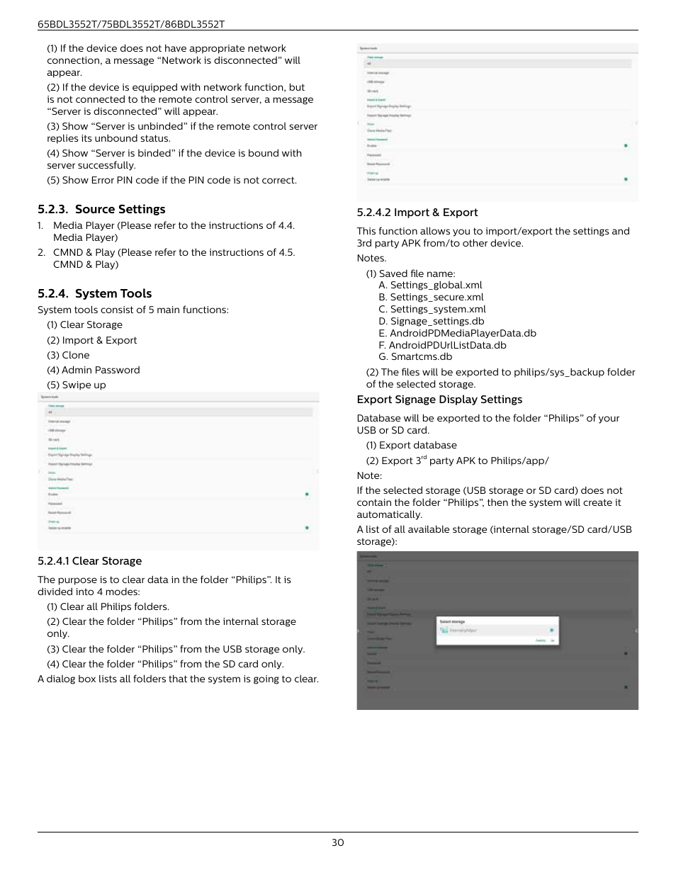 Source settings, System tools, Source settings 5.2.4. system tools | Philips T-Line 65BDL3552T 65" 4K Digital Signage Touchscreen Display User Manual | Page 42 / 63