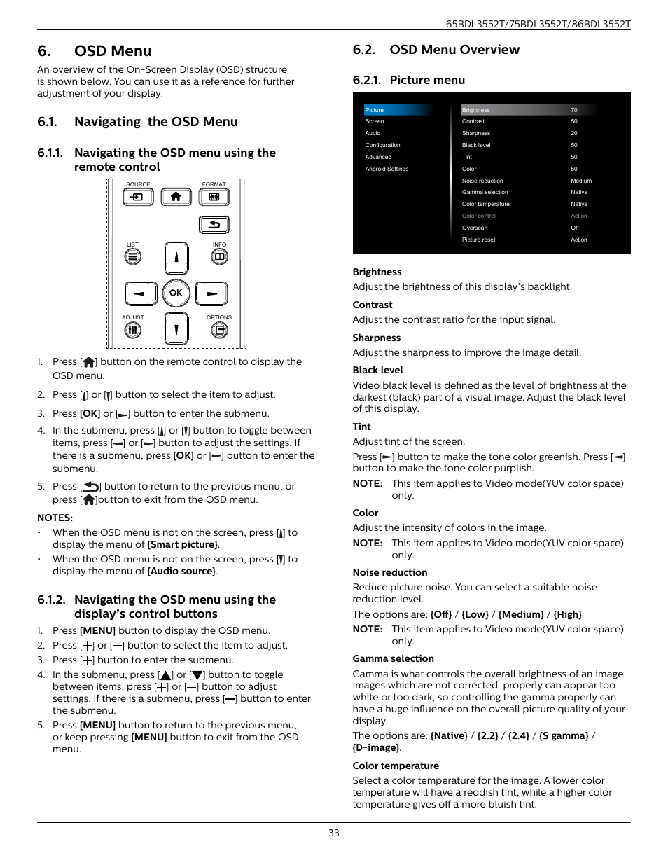 Osd menu, Navigating the osd menu, Navigating the osd menu using the remote control | Osd menu overview, Picture menu, Navigating the osd menu using the, Remote control, Display’s control buttons | Philips T-Line 65BDL3552T 65" 4K Digital Signage Touchscreen Display User Manual | Page 45 / 63