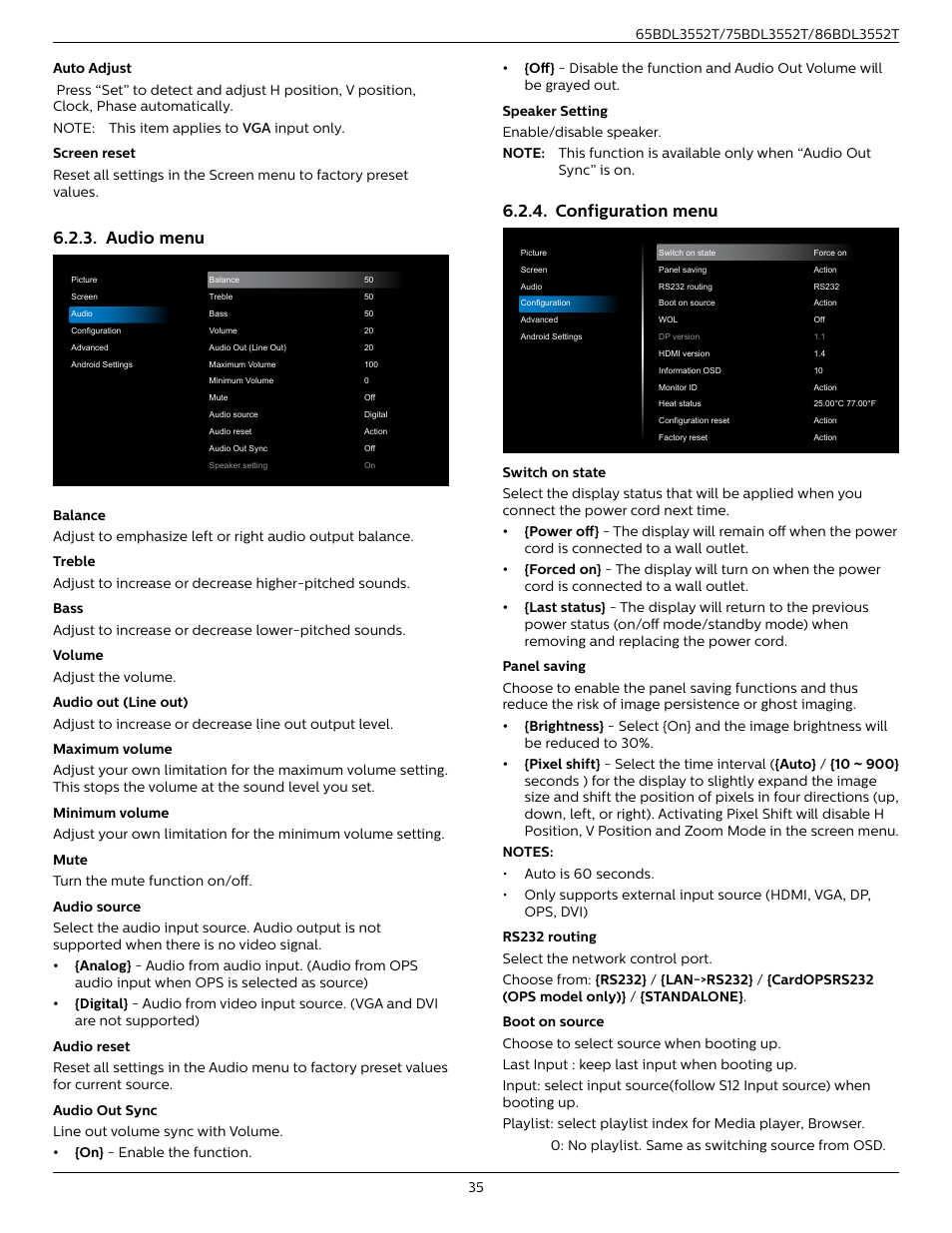 Audio menu, Configuration menu, Audio menu 6.2.4. configuration menu | Philips T-Line 65BDL3552T 65" 4K Digital Signage Touchscreen Display User Manual | Page 47 / 63