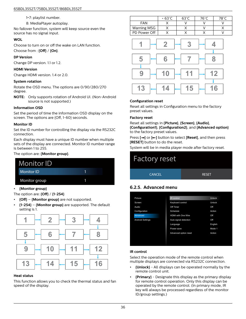 Advanced menu, Factory reset, Monitor id | Philips T-Line 65BDL3552T 65" 4K Digital Signage Touchscreen Display User Manual | Page 48 / 63