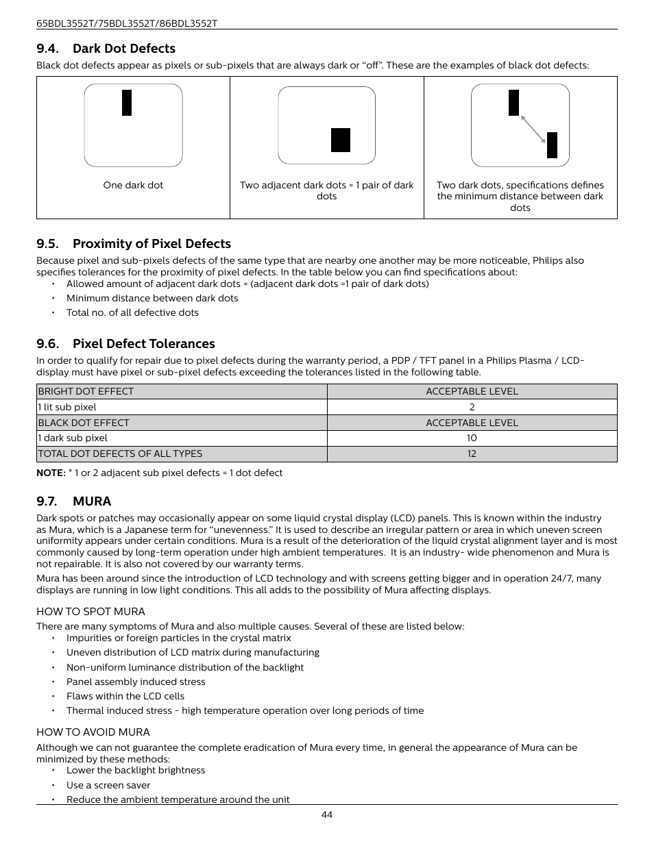 Dark dot defects, Proximity of pixel defects, Pixel defect tolerances | Mura | Philips T-Line 65BDL3552T 65" 4K Digital Signage Touchscreen Display User Manual | Page 56 / 63