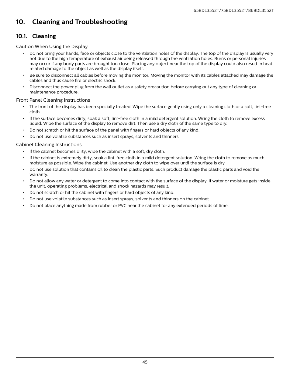 Cleaning and troubleshooting, Cleaning | Philips T-Line 65BDL3552T 65" 4K Digital Signage Touchscreen Display User Manual | Page 57 / 63