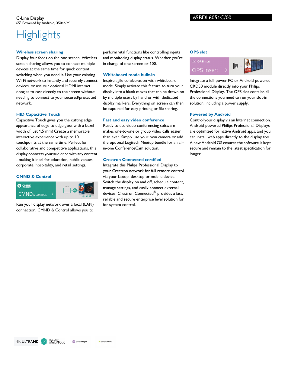 Highlights | Philips C-Line 65BDL6051C 65" 4K Multi-Touch Digital Signage Display User Manual | Page 2 / 3