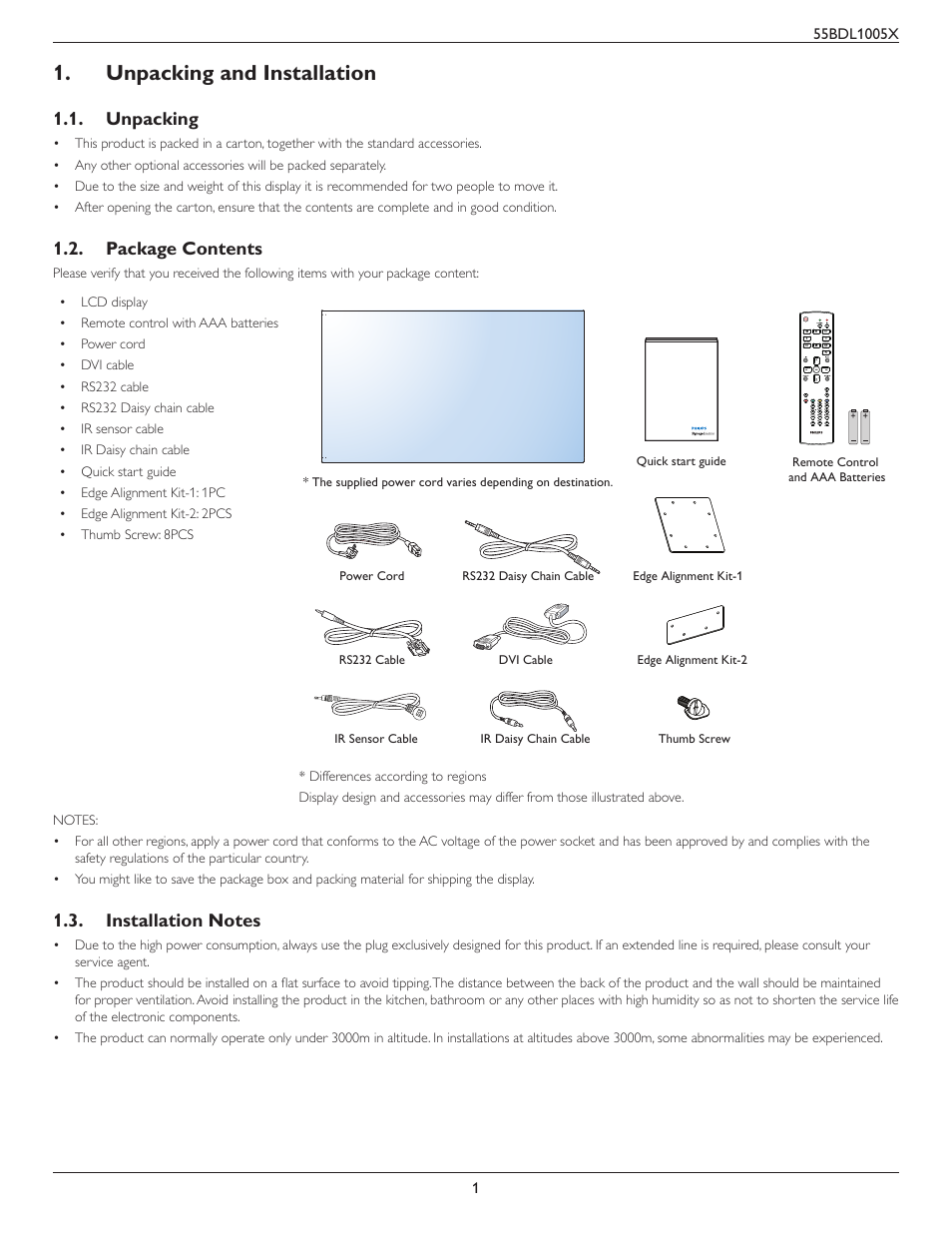 Unpacking and installation, Unpacking, Package contents | Installation notes | Philips BDL1005X 55" Class Full HD IPS LED Video Wall Display (2x2 Videowall Bundle) User Manual | Page 11 / 50