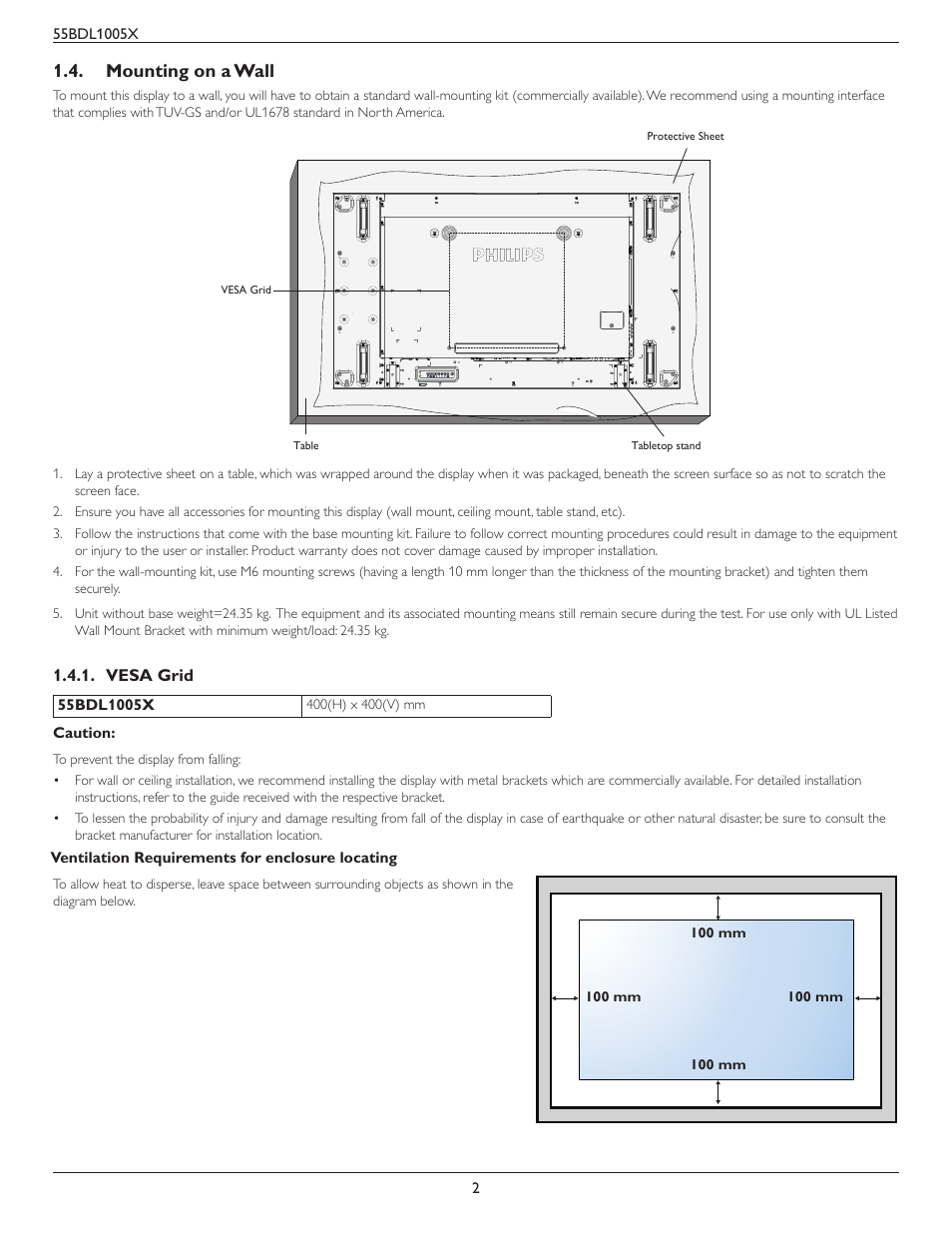 Mounting on a wall, Vesa grid | Philips BDL1005X 55" Class Full HD IPS LED Video Wall Display (2x2 Videowall Bundle) User Manual | Page 12 / 50