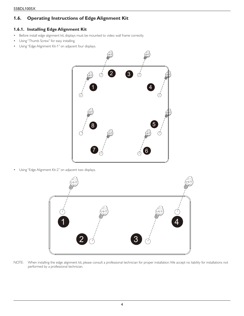 Operating instructions of edge alignment kit, Installing edge alignment kit | Philips BDL1005X 55" Class Full HD IPS LED Video Wall Display (2x2 Videowall Bundle) User Manual | Page 14 / 50