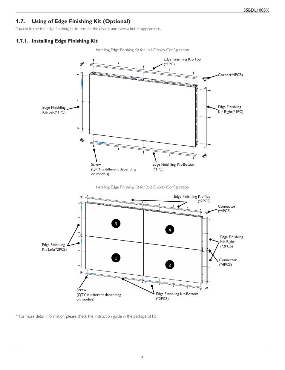 Using of edge finishing kit (optional), Installing edge finishing kit | Philips BDL1005X 55" Class Full HD IPS LED Video Wall Display (2x2 Videowall Bundle) User Manual | Page 15 / 50