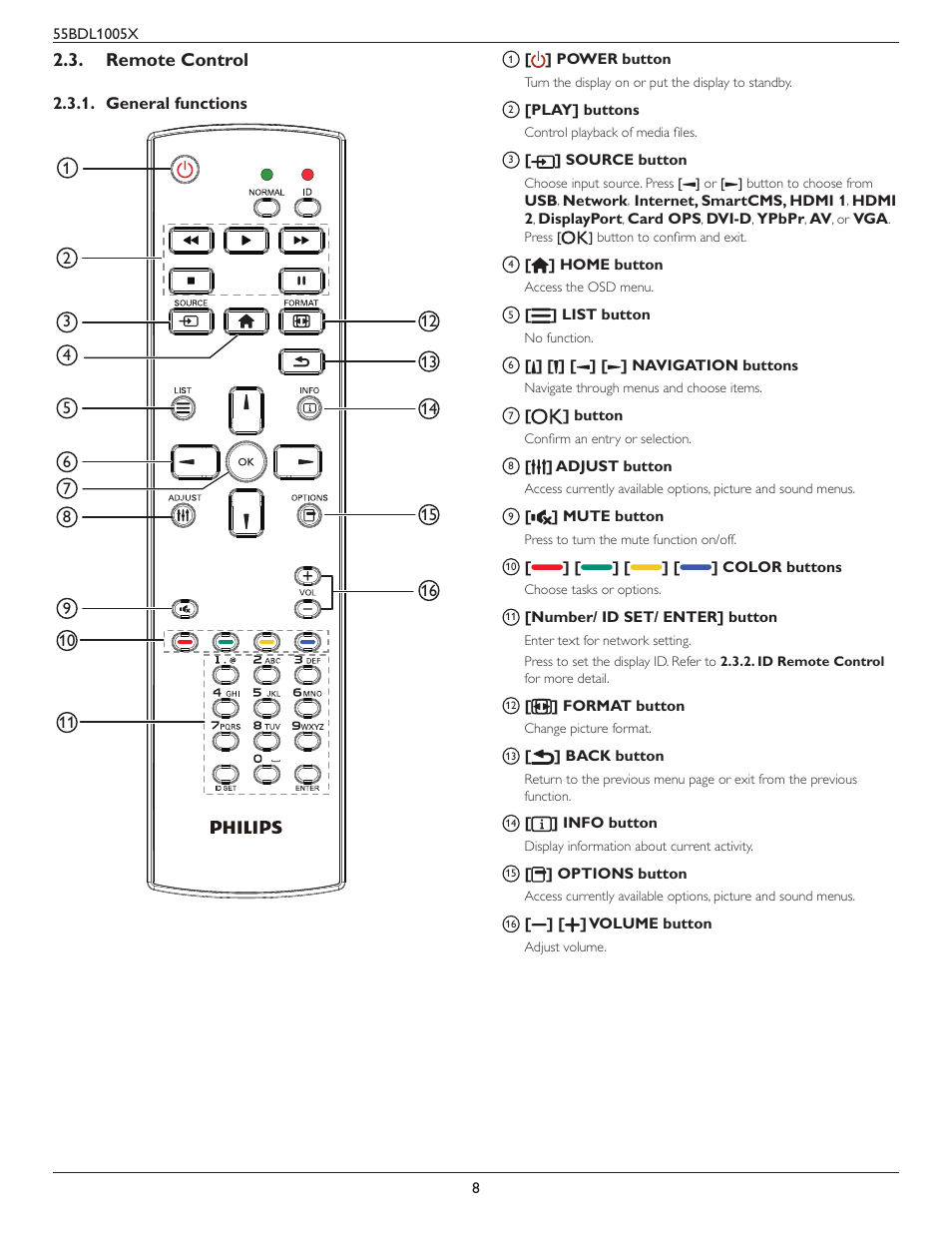 Remote control, General functions | Philips BDL1005X 55" Class Full HD IPS LED Video Wall Display (2x2 Videowall Bundle) User Manual | Page 18 / 50
