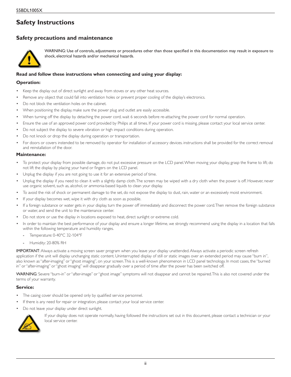 Safety instructions, Safety precautions and maintenance | Philips BDL1005X 55" Class Full HD IPS LED Video Wall Display (2x2 Videowall Bundle) User Manual | Page 2 / 50