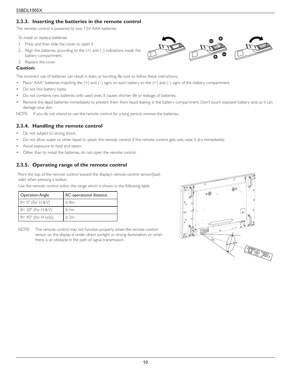 Inserting the batteries in the remote control, Handling the remote control, Operating range of the remote control | Inserting the batteries in the remote, Control | Philips BDL1005X 55" Class Full HD IPS LED Video Wall Display (2x2 Videowall Bundle) User Manual | Page 20 / 50