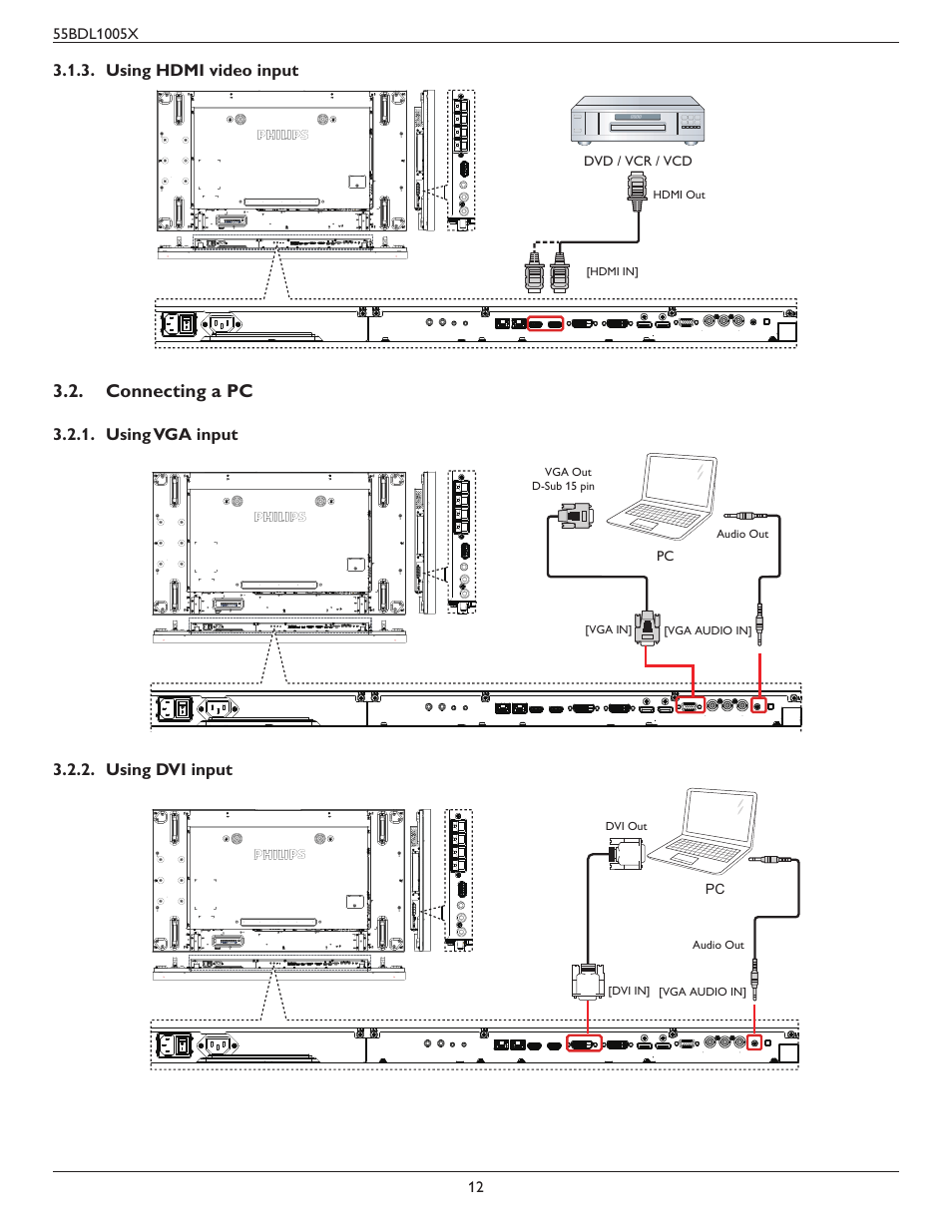 Using hdmi video input, Connecting a pc, Using vga input | Using dvi input, Using vga input 3.2.2. using dvi input | Philips BDL1005X 55" Class Full HD IPS LED Video Wall Display (2x2 Videowall Bundle) User Manual | Page 22 / 50
