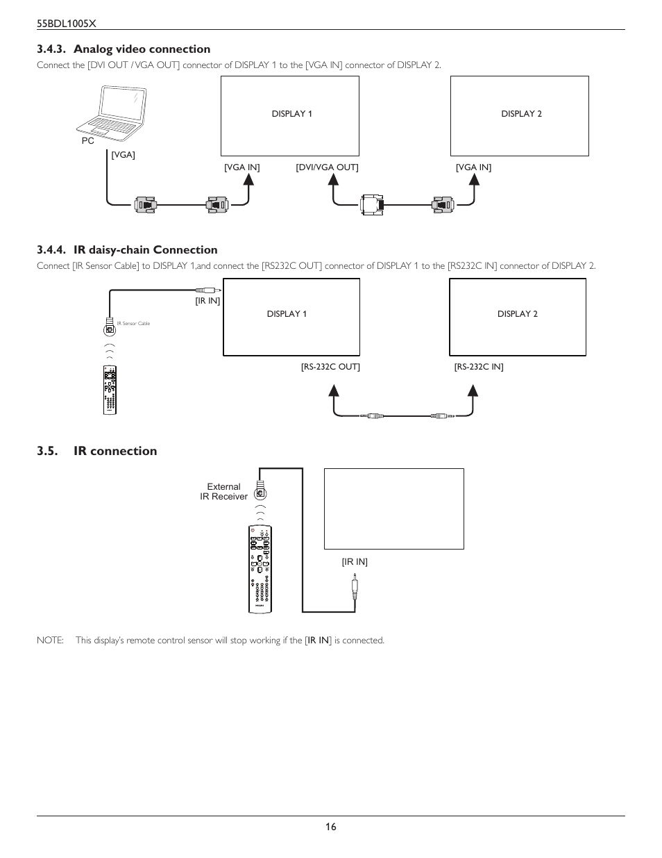 Analog video connection, Ir daisy-chain connection, Ir connection | Philips BDL1005X 55" Class Full HD IPS LED Video Wall Display (2x2 Videowall Bundle) User Manual | Page 26 / 50