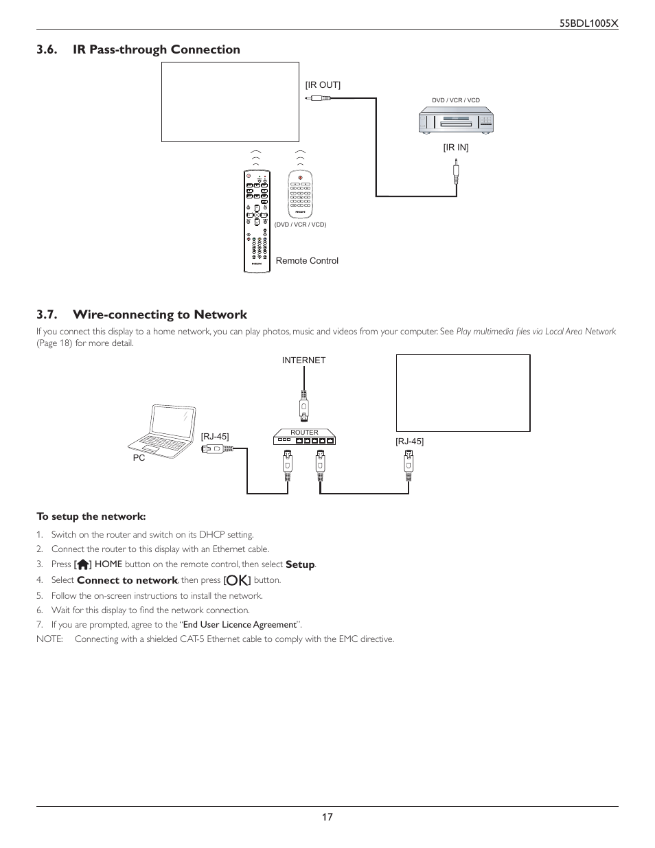 Ir pass-through connection, Wire-connecting to network | Philips BDL1005X 55" Class Full HD IPS LED Video Wall Display (2x2 Videowall Bundle) User Manual | Page 27 / 50