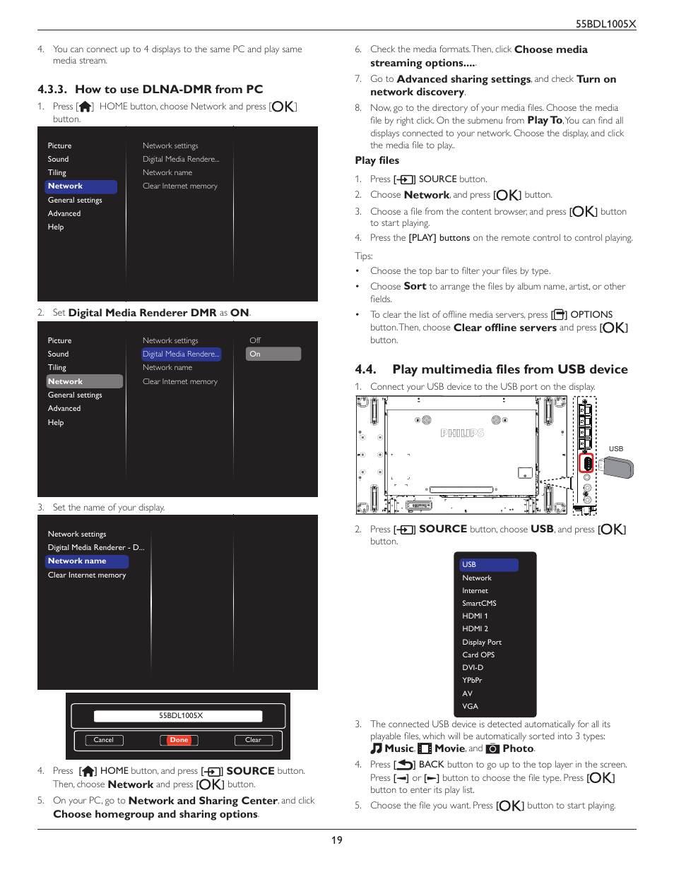 How to use dlna-dmr from pc, Play multimedia files from usb device | Philips BDL1005X 55" Class Full HD IPS LED Video Wall Display (2x2 Videowall Bundle) User Manual | Page 29 / 50