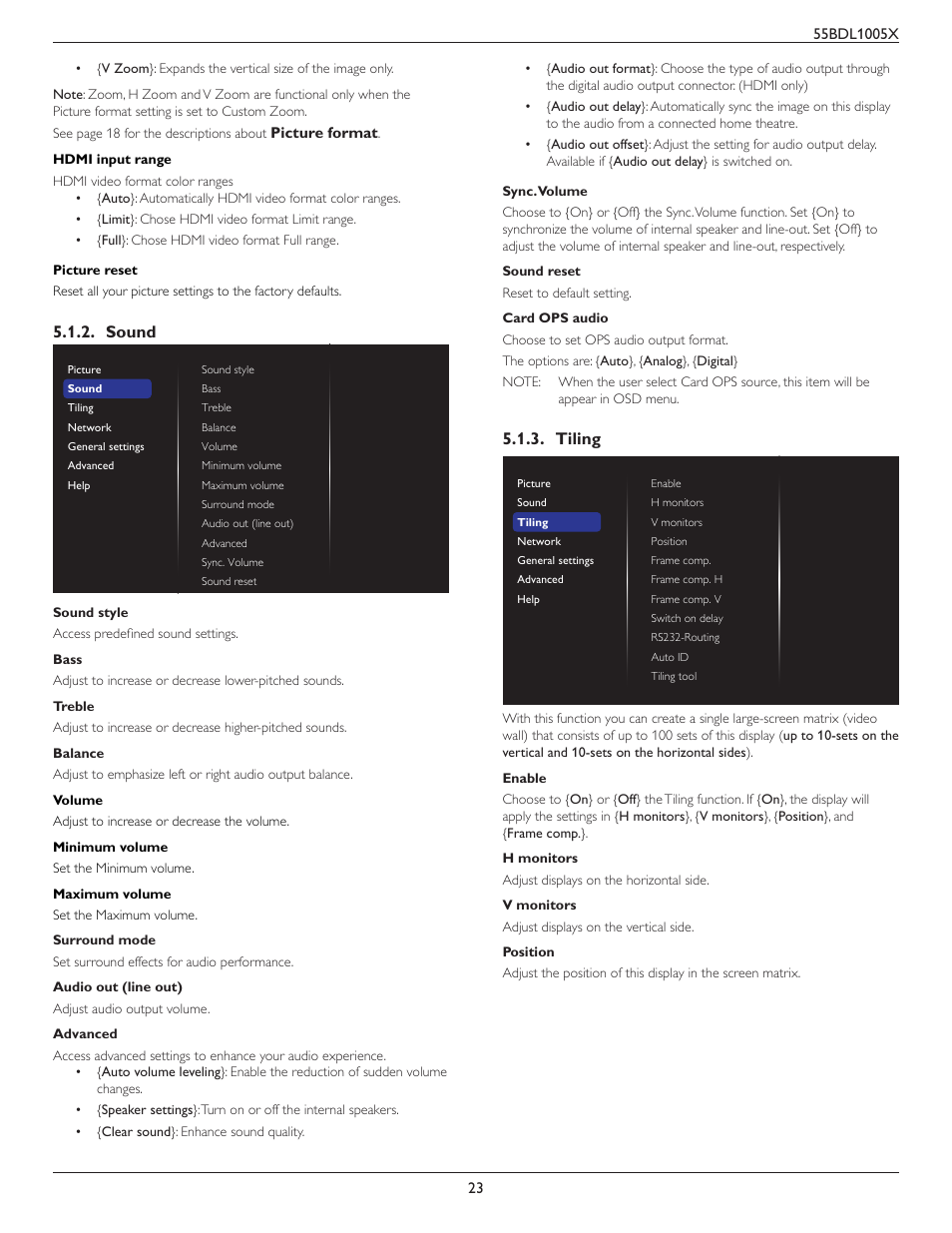 Sound, Tiling, Sound 5.1.3. tiling | Philips BDL1005X 55" Class Full HD IPS LED Video Wall Display (2x2 Videowall Bundle) User Manual | Page 33 / 50