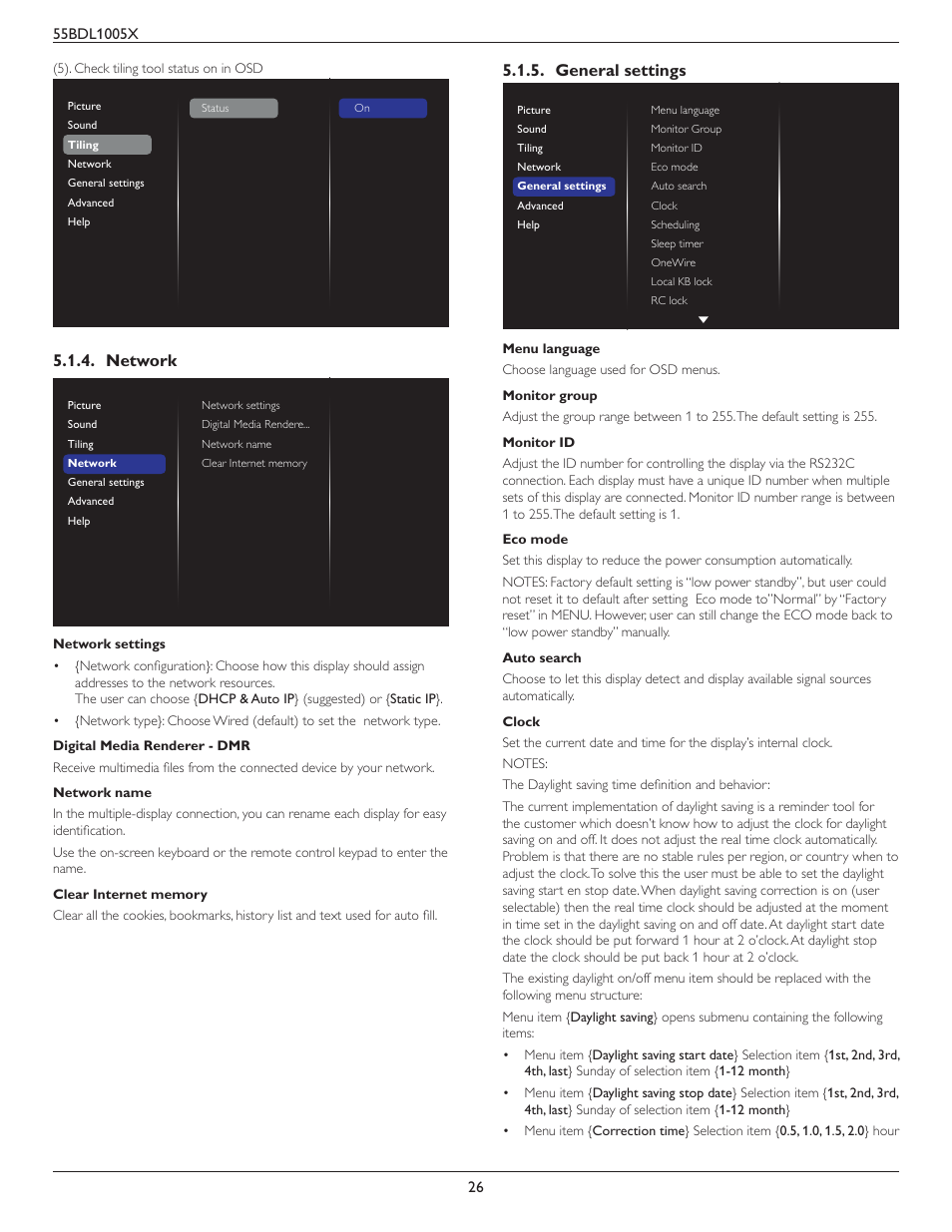 Network, General settings, Network 5.1.5. general settings | Philips BDL1005X 55" Class Full HD IPS LED Video Wall Display (2x2 Videowall Bundle) User Manual | Page 36 / 50